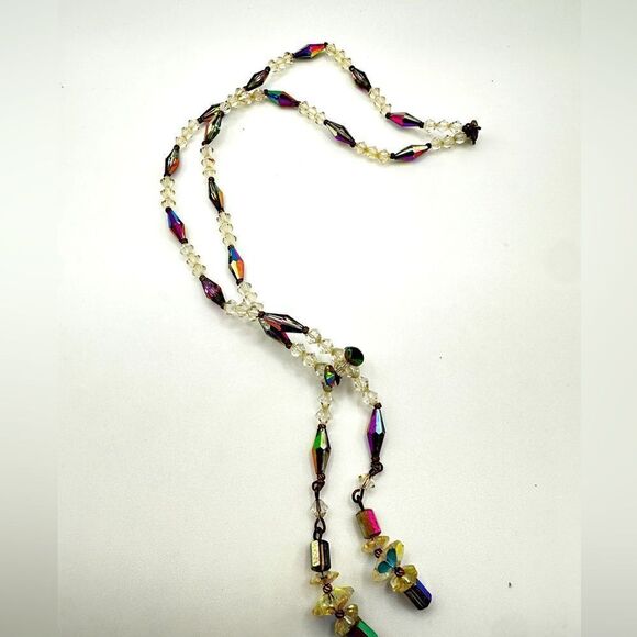 SALE! Vintage rainbow beaded Aurora Borealis tassel necklace! 20-22” - Picture 1 of 12
